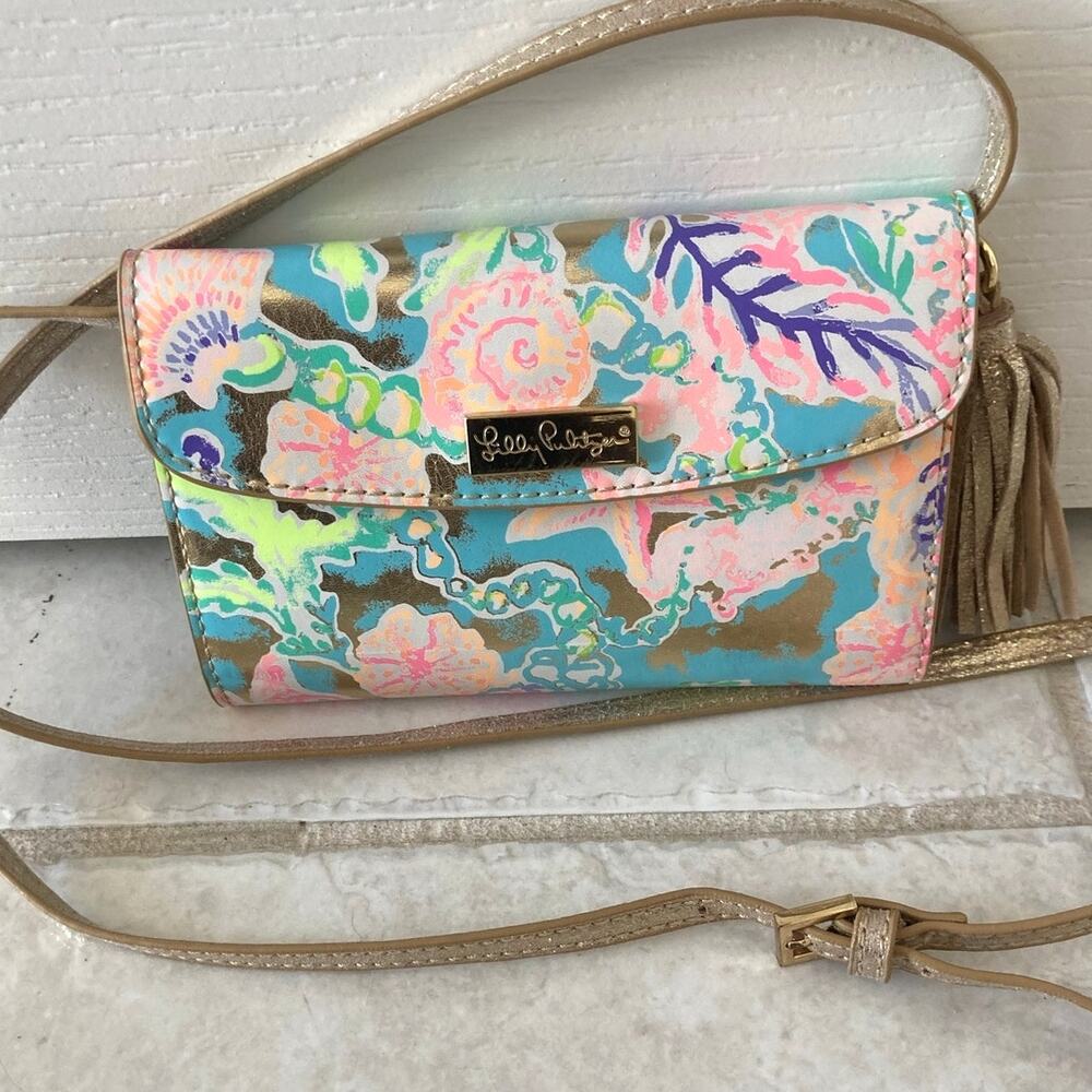 Lilly Pulitzer Bahama Tassel Crossbody Wallet Bag Purse Gold Multi Neon Starfish